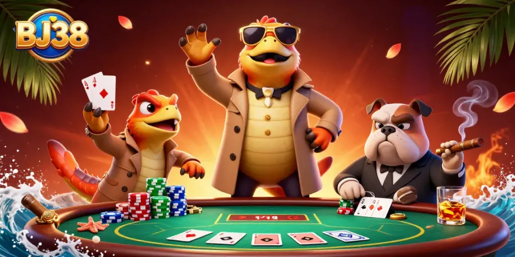 Experience excitement at BJ38 with raptors sneaking into a VIP casino lounge filled with poker elements.