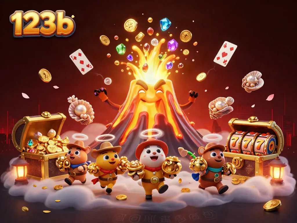 Engage with the thrilling 123b casino experience, featuring a joyful volcano erupting coins and treasures in this vibrant illustration.