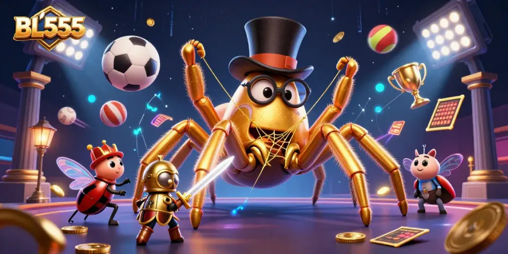 Experience thrilling gaming at BL555 with a golden tarantula weaving excitement among sports elements.
