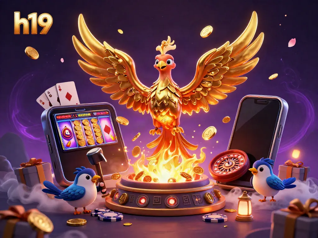 Experience spectacular h19 gaming excitement with a molten phoenix and vibrant casino elements.
