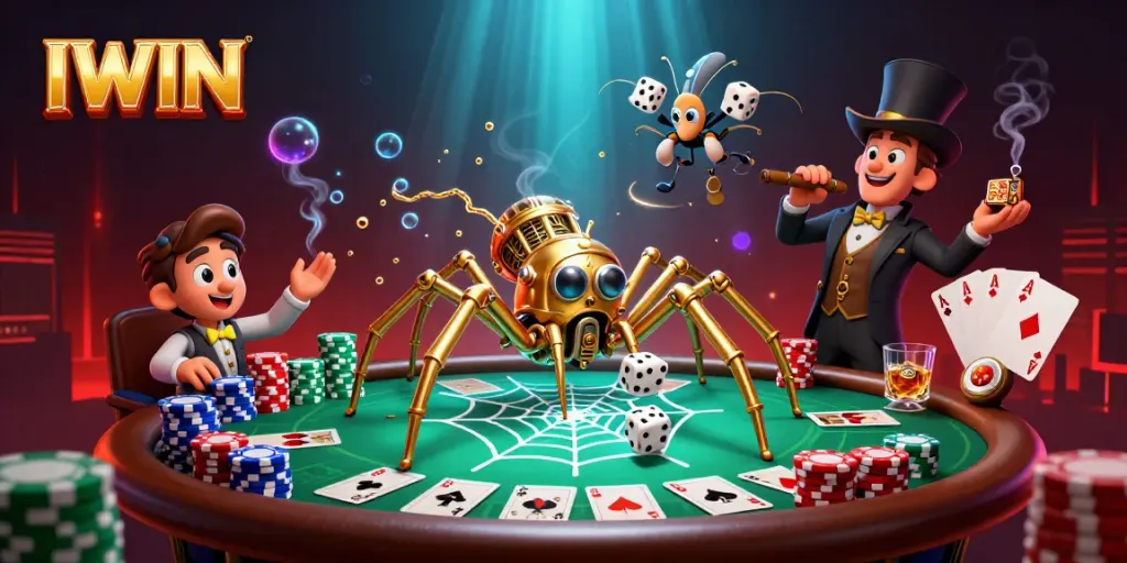 IWIN offers a dynamic casino scene with a steampunk spider showcasing a poker game.