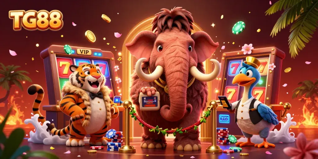 Experience thrilling gaming with TG88 at a vibrant casino scene featuring unique characters.