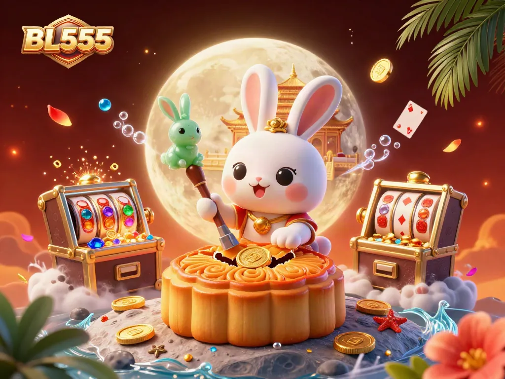 BL555 invites players to dive into a vibrant scene of fortune and fun, showcasing a moon rabbit with poker chips.