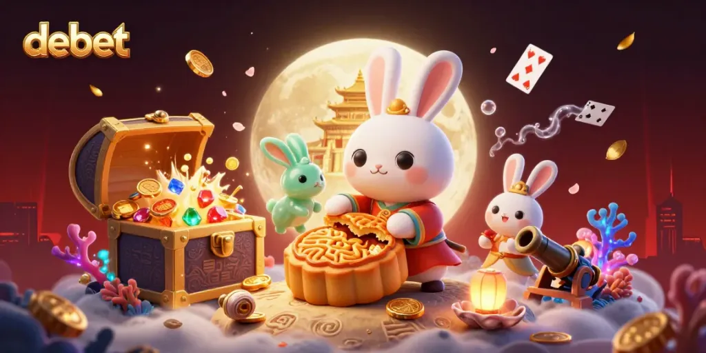 Engage in thrilling casino adventures with debet, featuring golden mooncakes and poker chips.