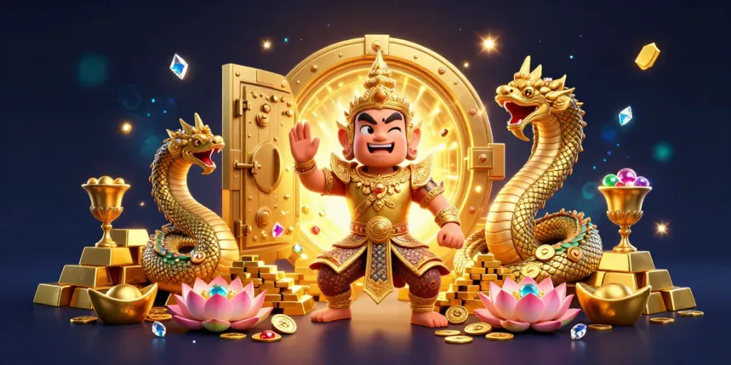 Engage in an epic gaming adventure with MCW's vibrant casino scene, showcasing traditional Thai guardians amidst treasures.