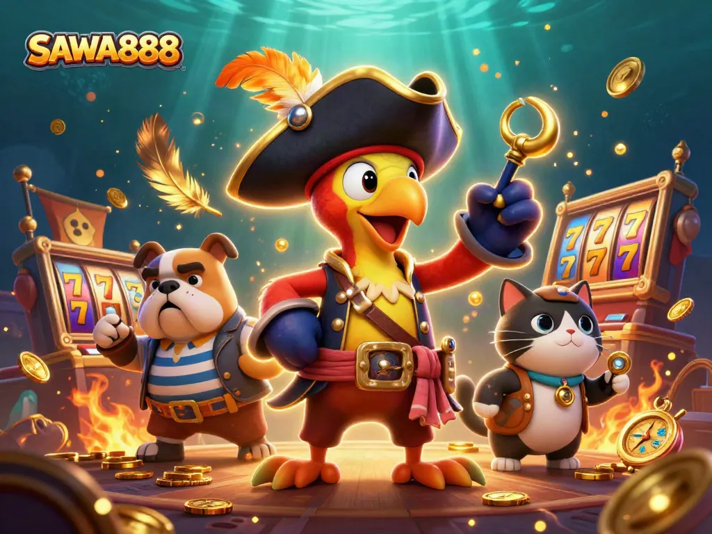 Experience winning with SAWA888 in a colorful, dynamic pirate-themed casino scene.