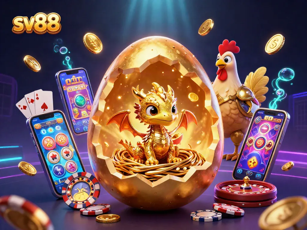 Experience the thrill of sv88 with a golden dragon and casino elements erupting in vibrant detail.
