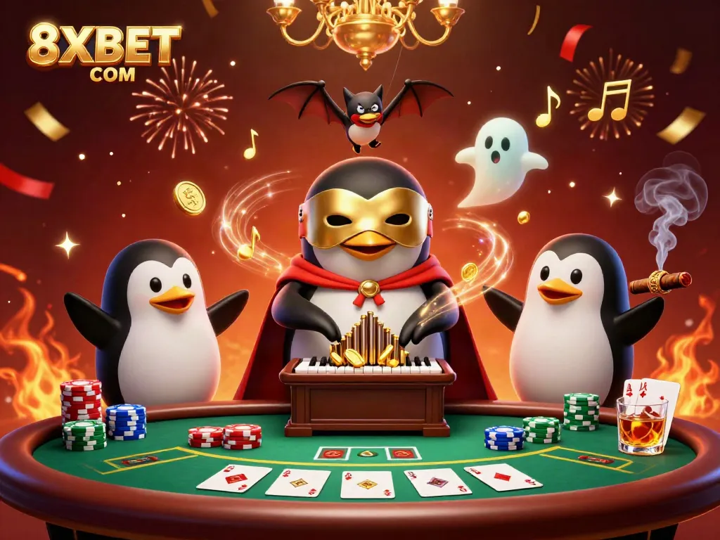 Engage in thrilling gaming with 8XBET COM as a 3D cartoon penguin plays a pipe organ shooting golden coins.