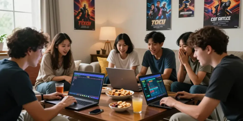 Friends enjoying an exciting togel game together in a cozy living room.