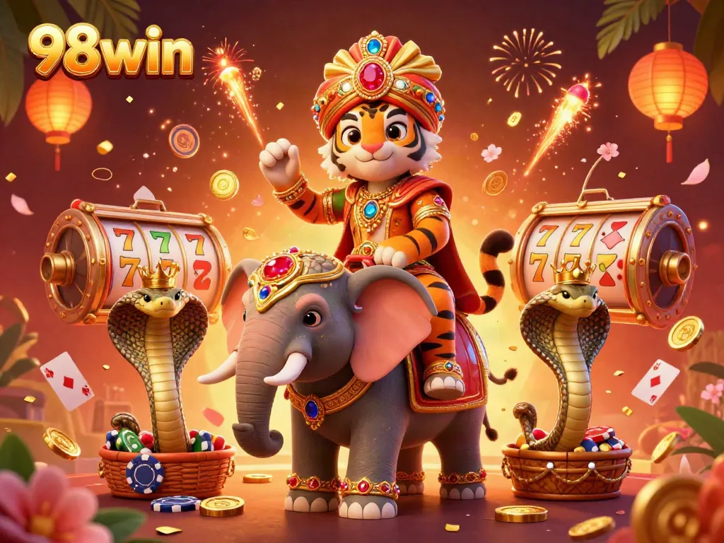 Experience thrilling gameplay with 98win in this vibrant 3D illustration featuring a majestic maharaja, elephant, and iconic casino elements.