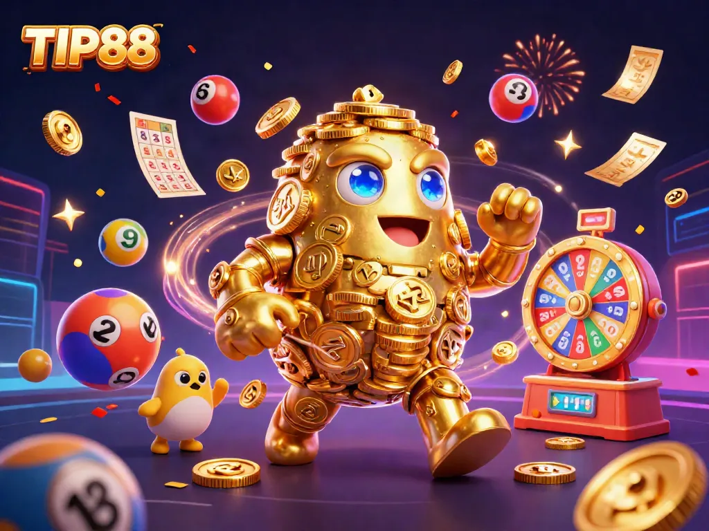 Experience the thrill of gaming at TIP88 with dynamic lottery balls and a golden golem.