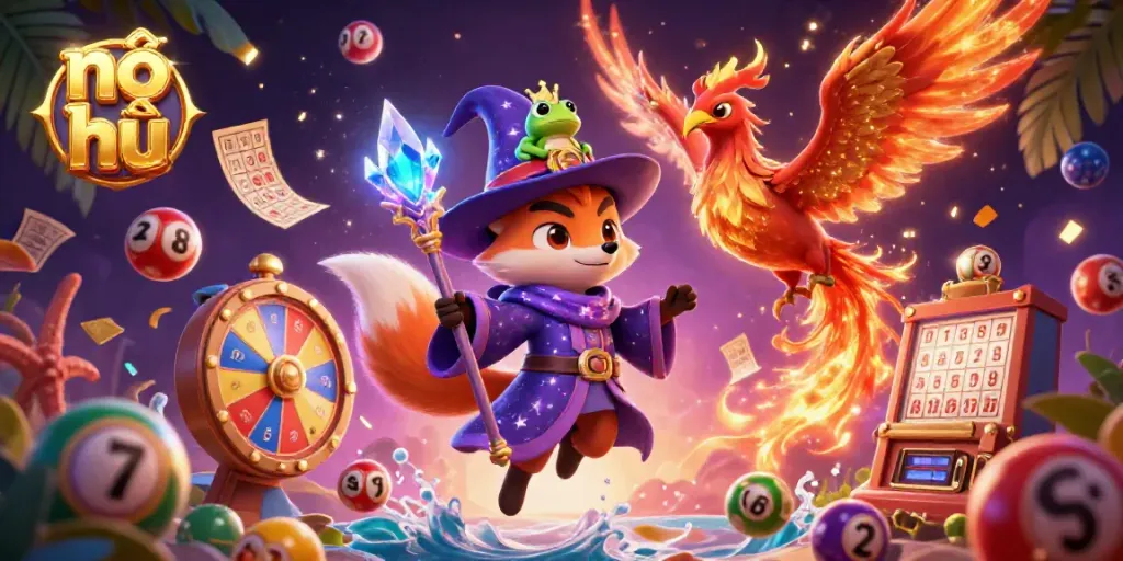 Engage in nổ hũ with this vibrant casino scene showcasing colorful lottery elements and mythical characters.