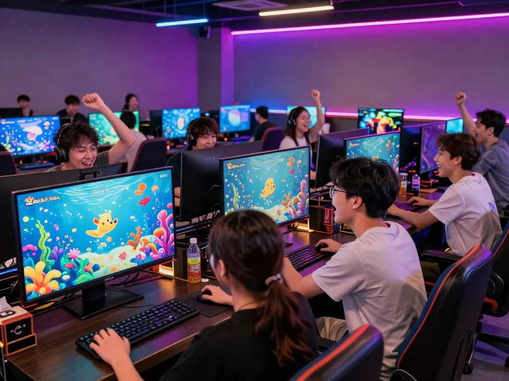 Group playing lại là Bắn cá đổi thưởng in a lively gaming lounge.