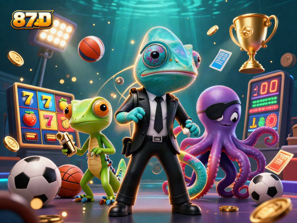 87BD showcases action-packed gaming with a colorful chameleon, gecko, and octopus in a dynamic casino scene.
