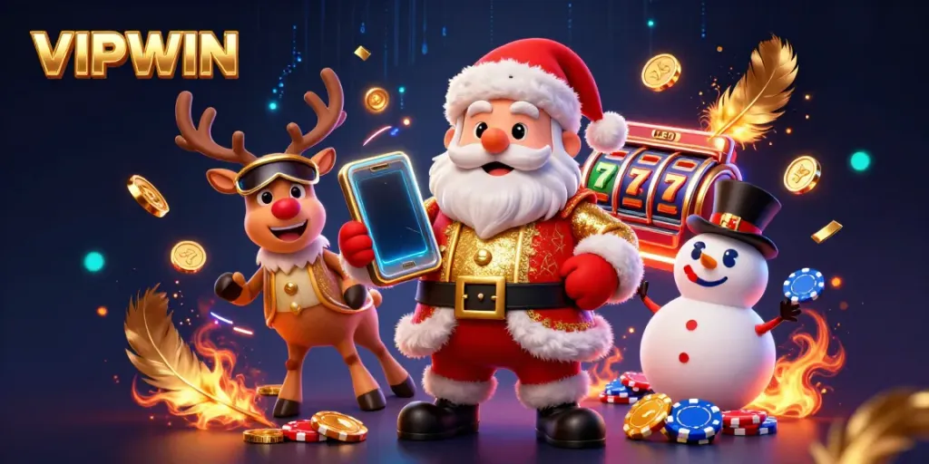 Celebrate big wins at VIPWIN with Santa holding jackpot slots in a vibrant casino scene.