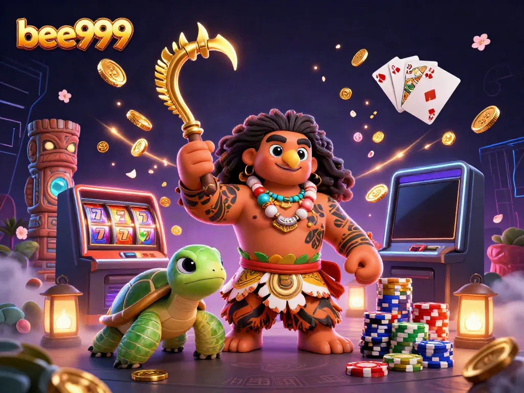 Spin to win on bee999 with a vibrant 3D illustration of a casino scene featuring dynamic slot games and playful characters.