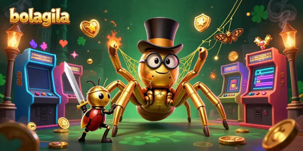 Experience the thrill of bolagila with a giant golden tarantula weaving fun and excitement in a vibrant casino setting.