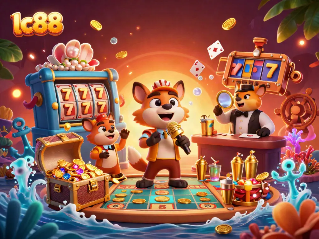 Witness lc88's vibrant comedy casino with hyenas entertaining guests, filled with slots and jackpots.