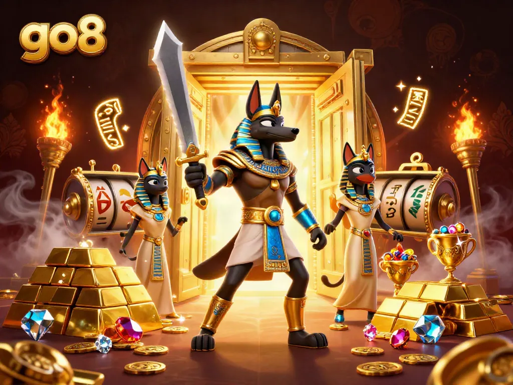 Experience the thrilling go8 casino adventure with Anubis and Bastet amidst golden treasures and slot reels.