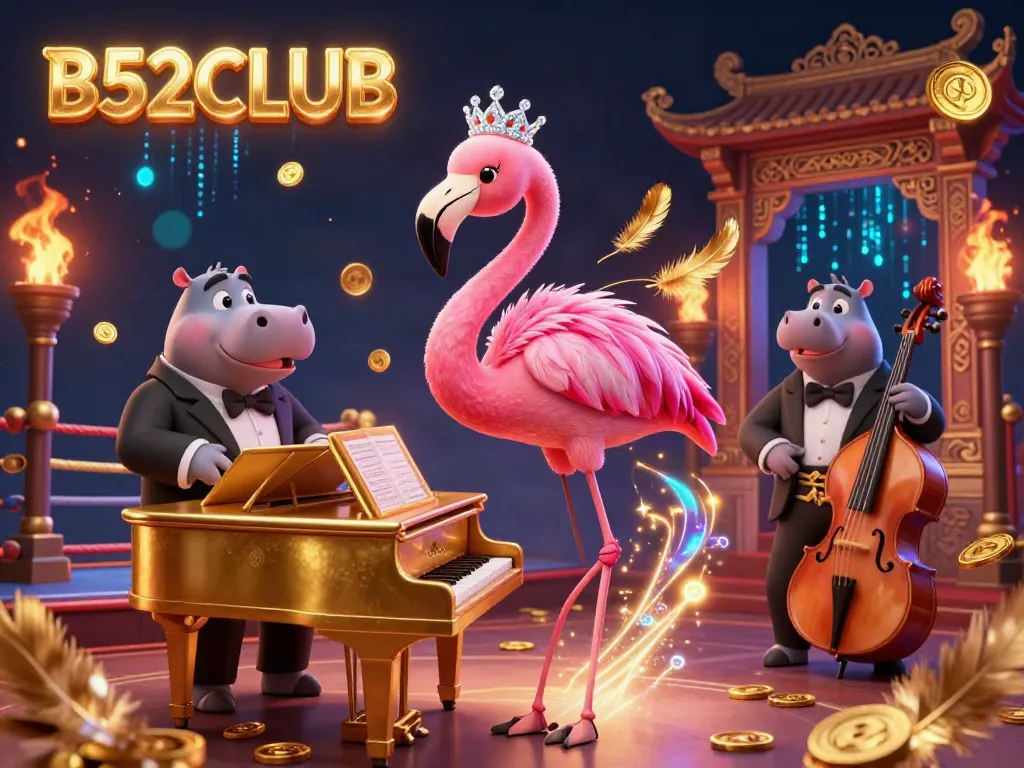 Engage in thrilling gameplay at B52CLUB with vibrant casino-themed 3D illustration featuring dynamic characters.