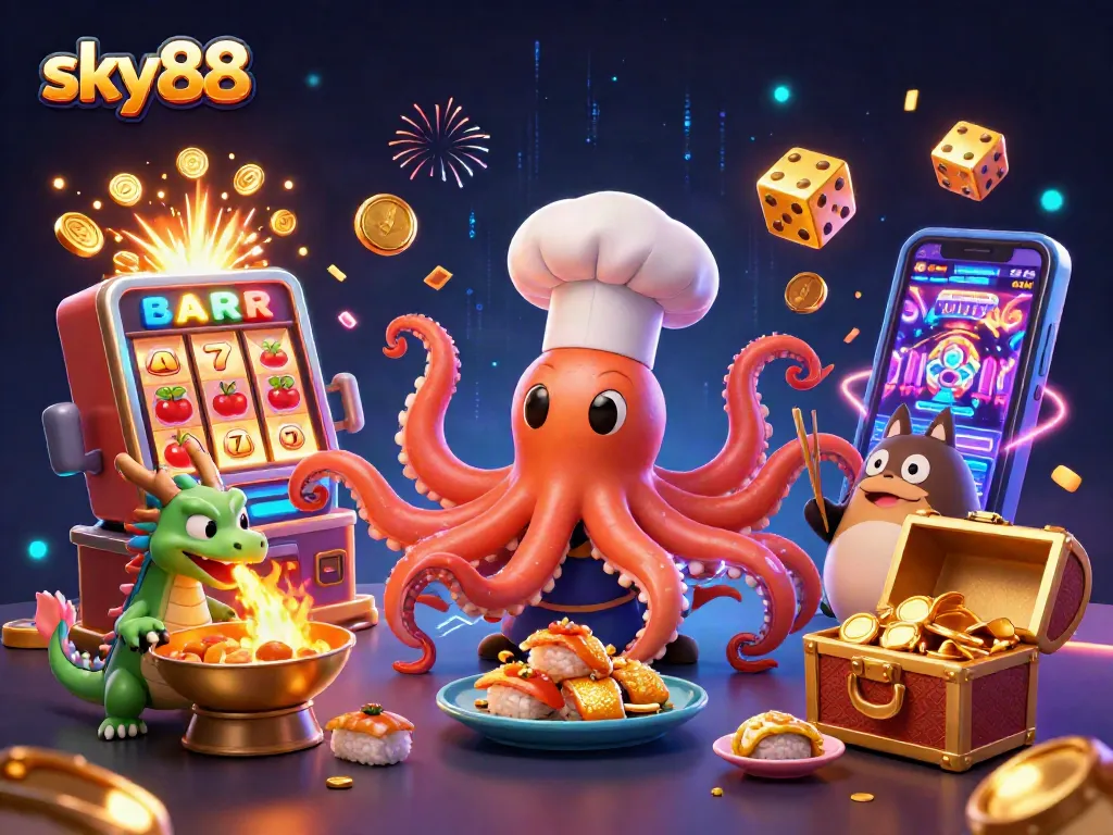 Spin the reels at sky88 casino with vibrant characters and exciting game elements in an illustrated scene.