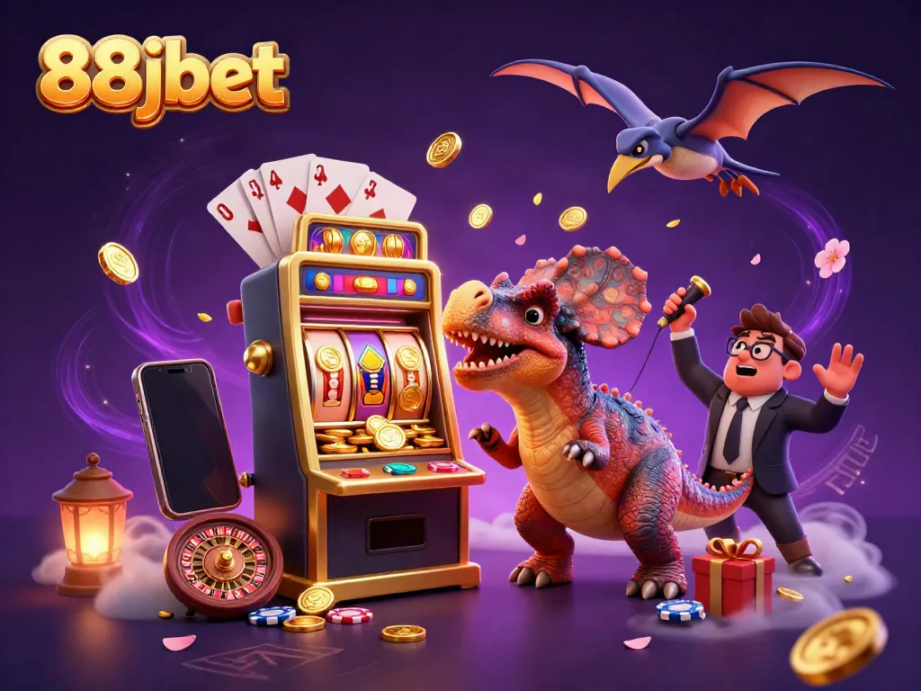 88jbet attracts attention as a pachycephalosaurus wins a jackpot from a golden slot machine.