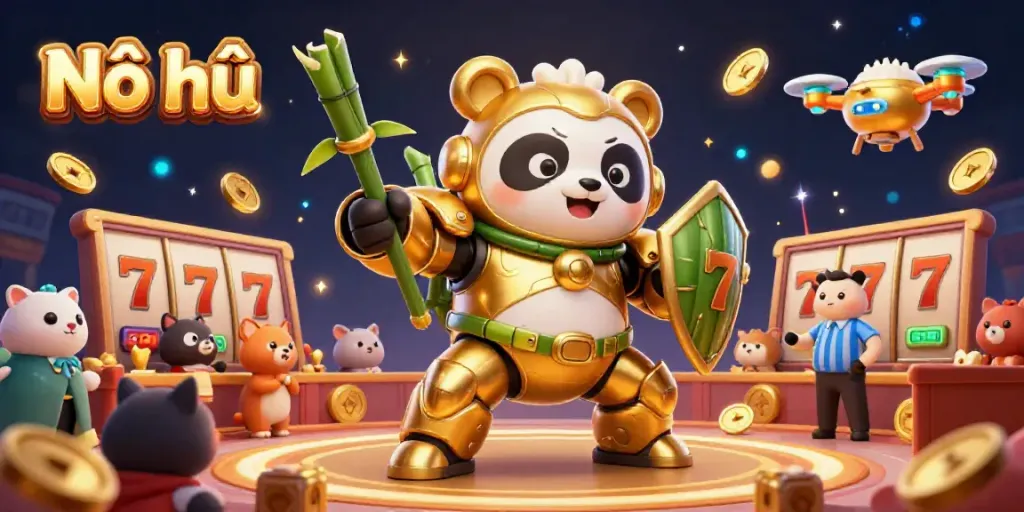Nổ hũ gaming action with a golden panda piloting a bamboo robot, slot reels and vibrant coins surrounding