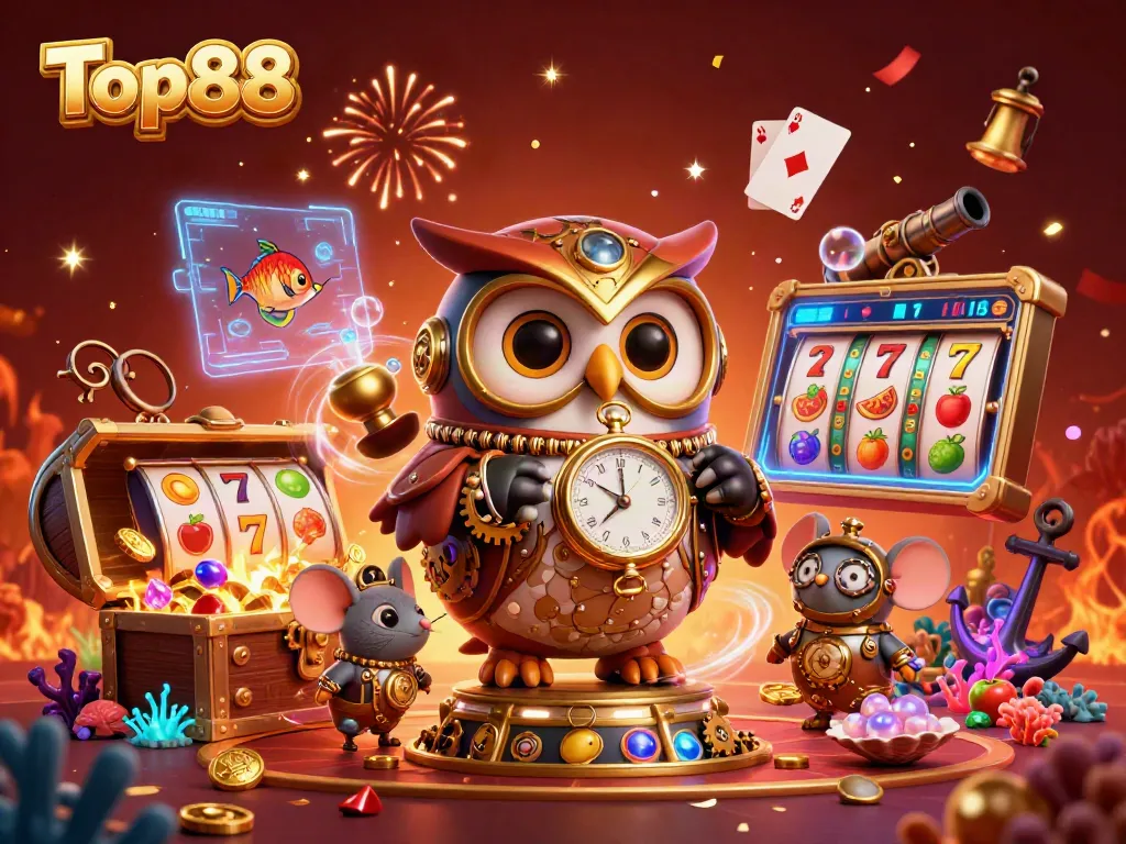 Spin the reels at Top88 with a steampunk owl, clockwork mouse, and vibrant casino elements.