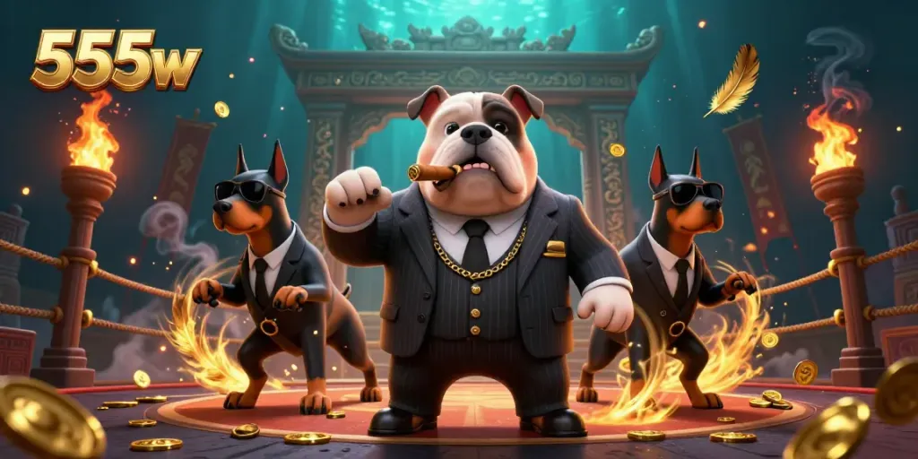 Experience the thrilling world of 555w with a mafia bulldog and his Doberman bodyguards in this vibrant illustration.