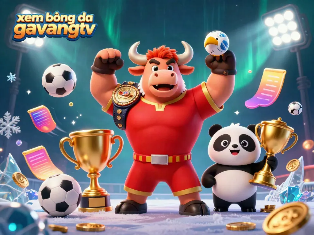 Experience xem bóng đá gavangtv through a vibrant scene with a bull mascot, eagle, and panda celebrating victory.