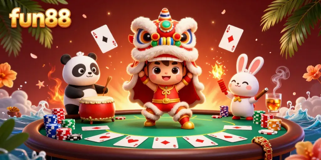 Experience the thrill of fun88 with a vibrant casino scene featuring a lively lion dance and exciting poker elements.