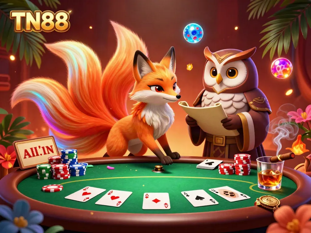 Engage with TN88's vibrant casino scene featuring a nine-tailed fox spirit, colorful poker elements, and rich ambiance.