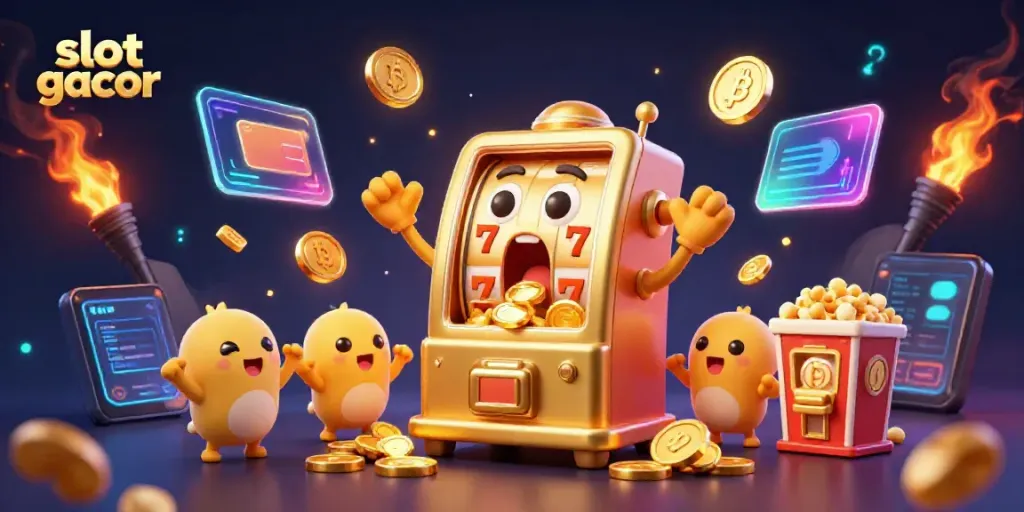 Slot gacor beruntung dengan mesin slot emas yang sedang jackpot dan koin berjatuhan.