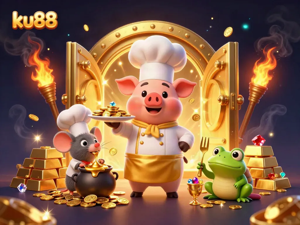 ku88 showcases a lively casino scene with vibrant characters, gold coins, and treasure abound.
