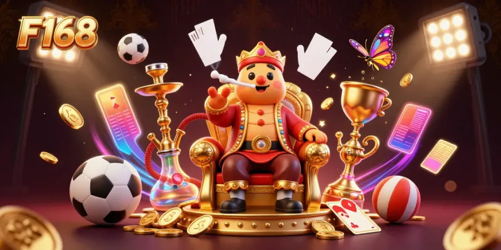 Experience the thrill of F168 in an ultra-detailed casino scene with vibrant sports elements.