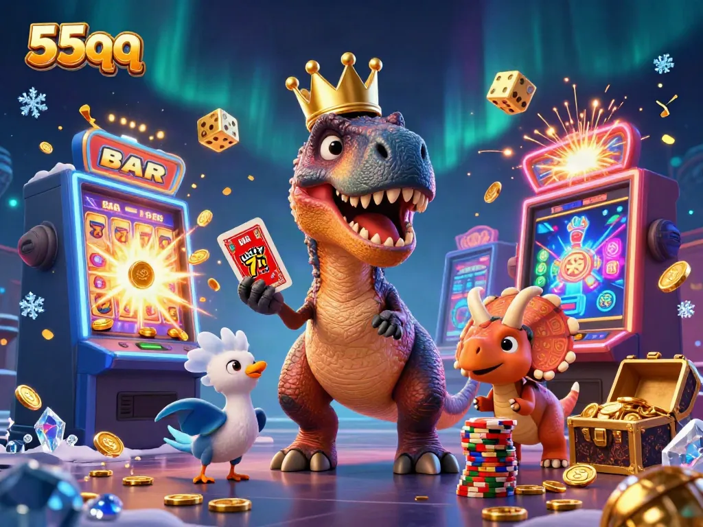 Experience the fun and excitement of 55qq with animated characters playing casino games amidst a dazzling backdrop.