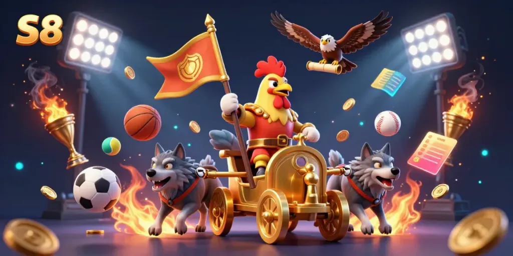 Experience thrilling action at S8 with a cartoon rooster warlord leading games, surrounded by sports balls and gold elements.