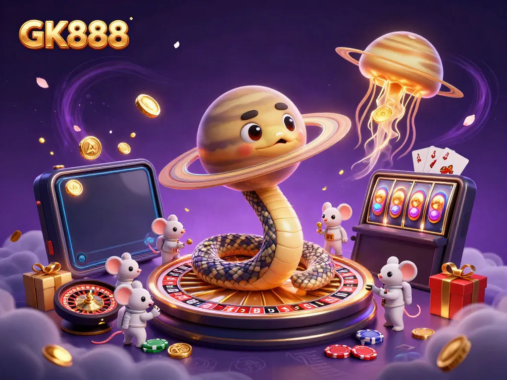 Engaging GK888 casino scene with a cosmic dealer, astronaut mice betting, and vibrant gameplay elements.