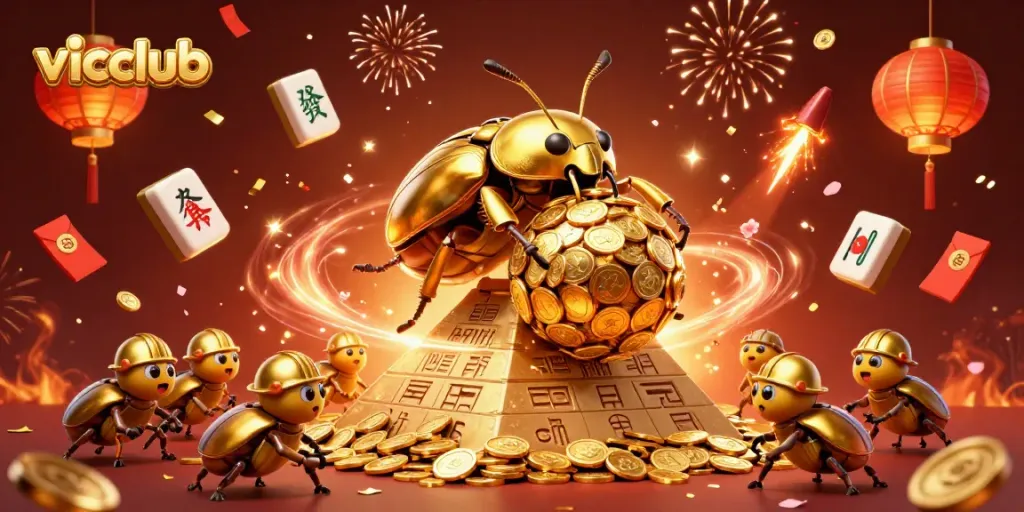 Join the fun at vicclub with golden beetles, coins, and fireworks!
