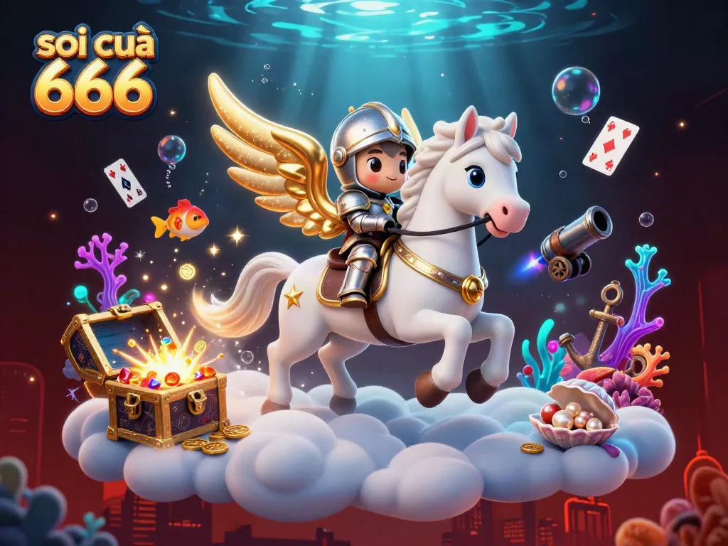 Experience captivating soi cầu 666 visuals with a celestial horse and knight in a vibrant casino-themed scene.