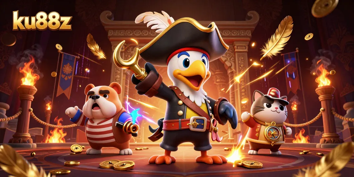 ku88z pirate captain leads a dynamic casino scene with gold coins and vibrant game elements