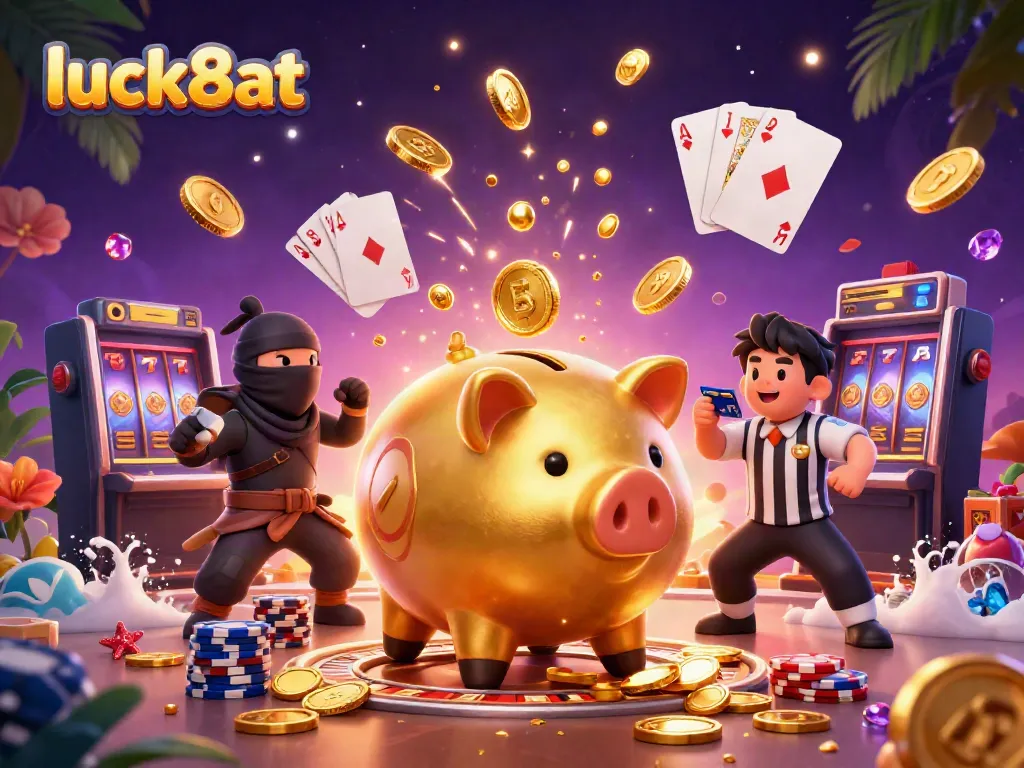 Engage with luck8at's vibrant casino scene featuring golden coins, playful characters, and dynamic game elements.