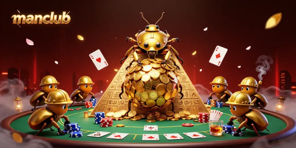 Experience the excitement at manclub with a golden beetle rolling coins alongside poker elements.