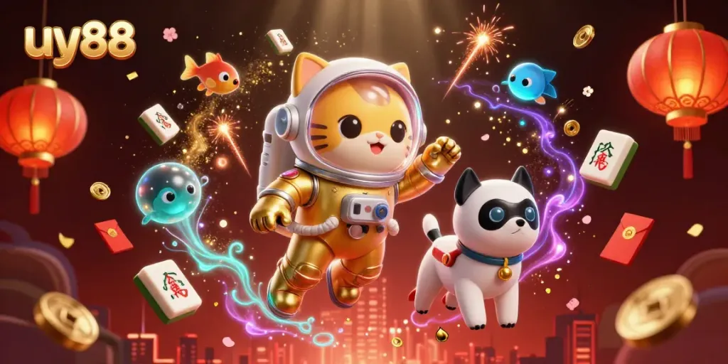 Engage with uy88's vibrant casino scene featuring an astronaut cat and a robot dog.