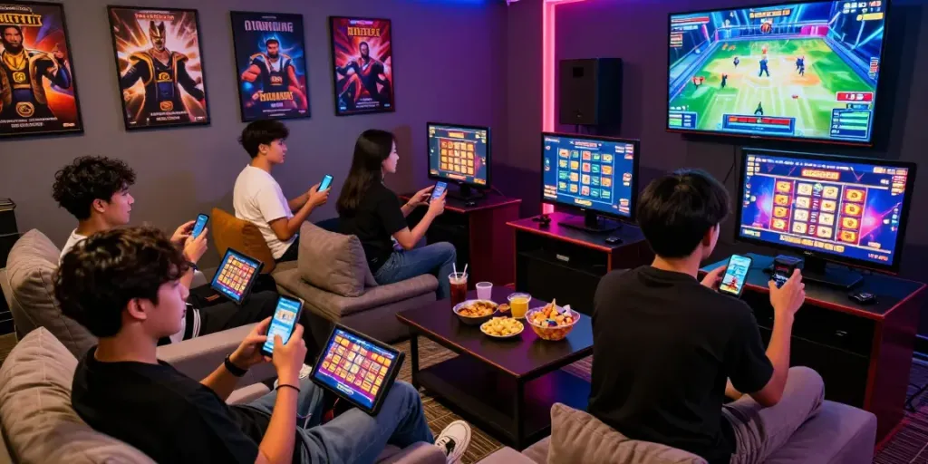 Group enjoying harta88 gaming session in Jakarta with screens and snacks