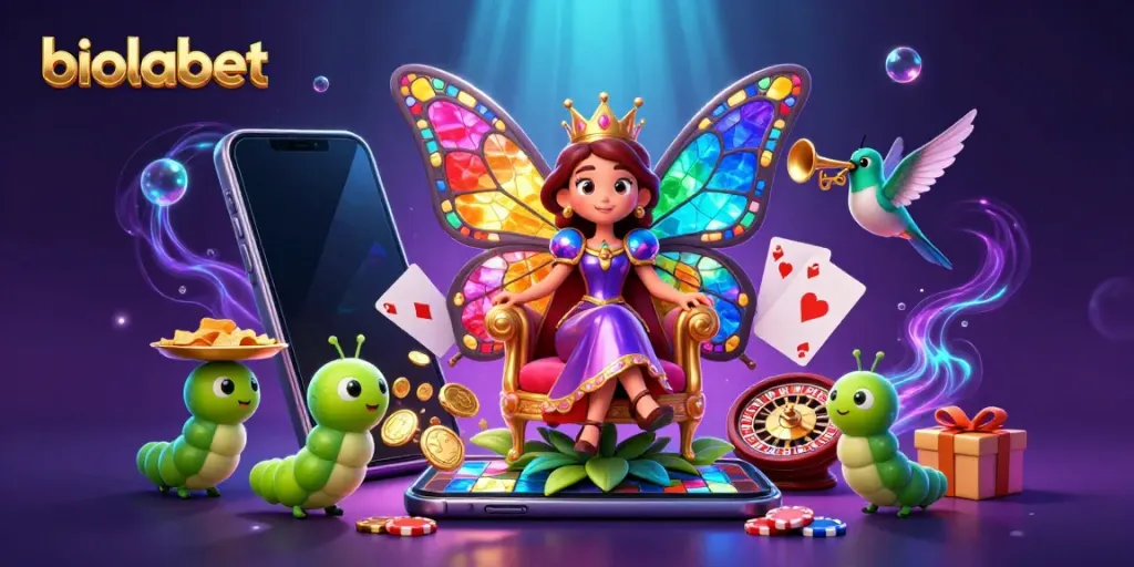 Engage with the vibrant biolabet gaming scene featuring a butterfly queen among dynamic slot elements and rich colors.
