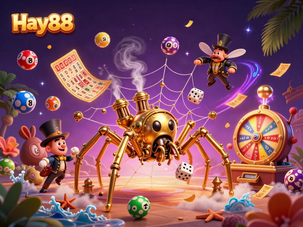 Experience the thrill of Hay88 at this vibrant casino-themed illustration with golden spider and gambling elements.