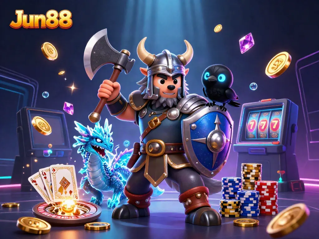 Win big with Jun88 as a Viking wolf warrior, dragon, and gold coins soar around in this casino-themed illustration.