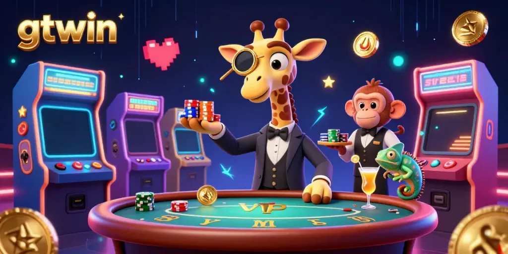 Experience the thrilling atmosphere of gtwin's online casino with a high-roller giraffe, monkey valet, and chameleon bartender.