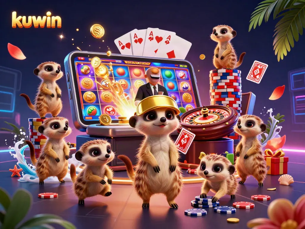 kuwin meerkats managing a dynamic casino operation filled with vibrant gaming elements